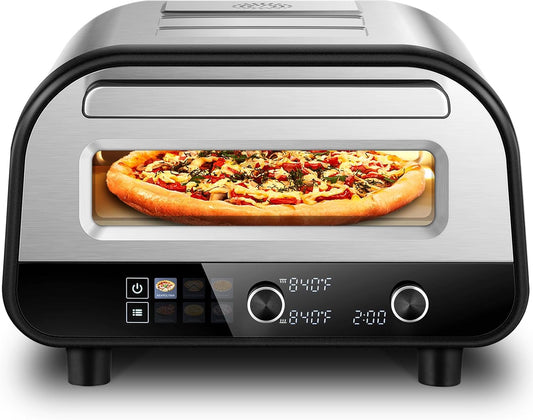 Upgraded Pizza Oven Heats up to 840°F Makes 12 Inch Pizzas in 90 Seconds Countertop Electric Pizza Maker with 6 Touchscreen Presets Pizza Stone & Peel Included - Stainless Steel