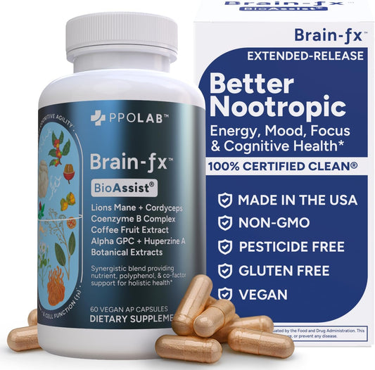 Brain-fx™ B Vitamins & Herbs for Memory and Focus, Nootropic Supplement, Methylated B Complex Choline Bacopa Lions Mane Cordyceps Mushroom Coffee Fruit Extract Alpha GPC L Theanine Huperzine A - 60ct