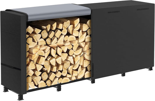 LOENIY 8ft Firewood Rack Outdoor with Waterproof Widened Cover, Heavy Duty Firewood Holder includes 2 Lateral Rods, Powder-coated Wood Rack with Carrier Bag, Firewood Storage Rack