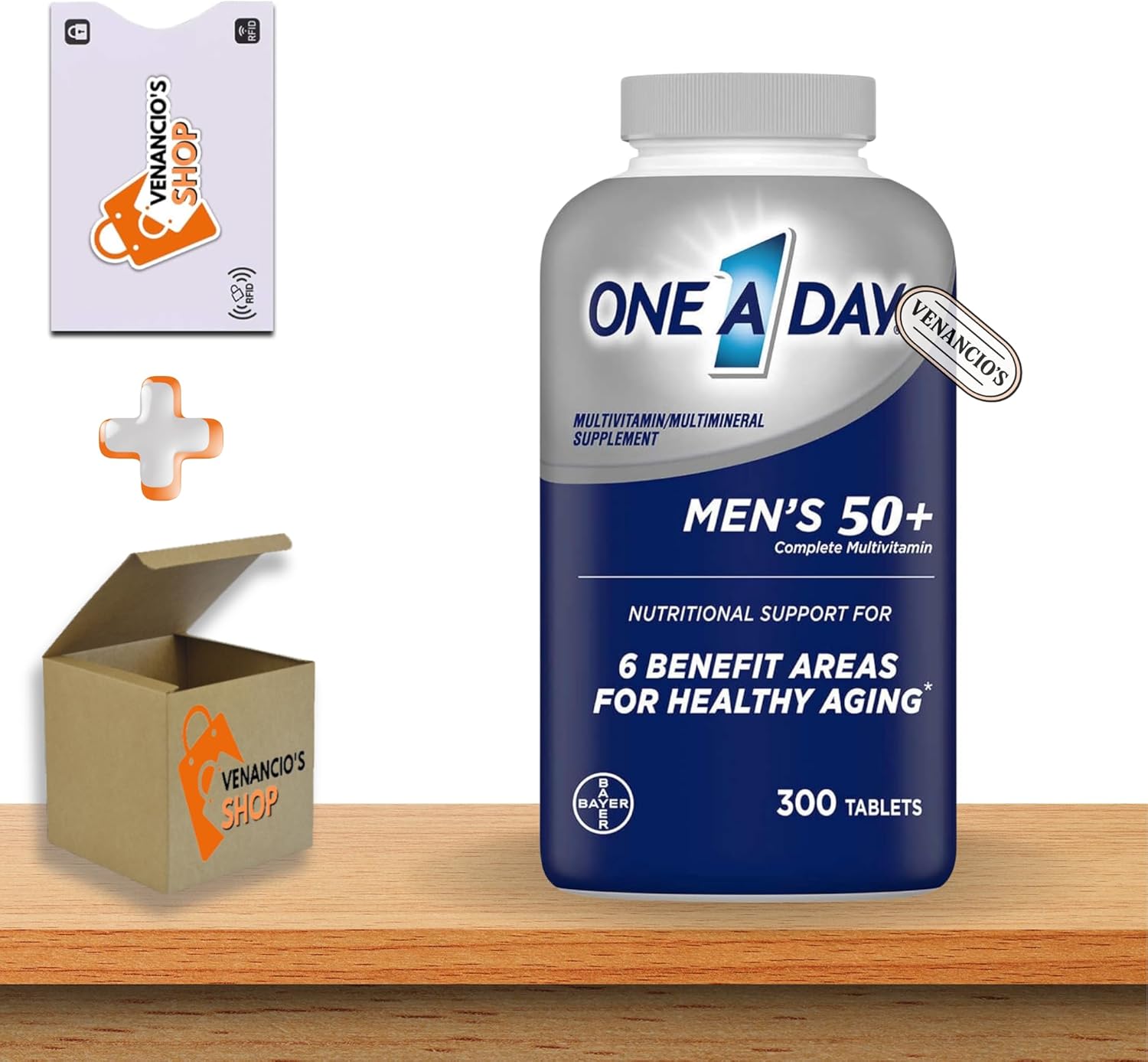 1' Day Men’s 50+ Multivitamin Tablets • Vitamin A C D E Zinc B12 Calcium • Daily Health Support • 300 Count + Vena’s Sticker