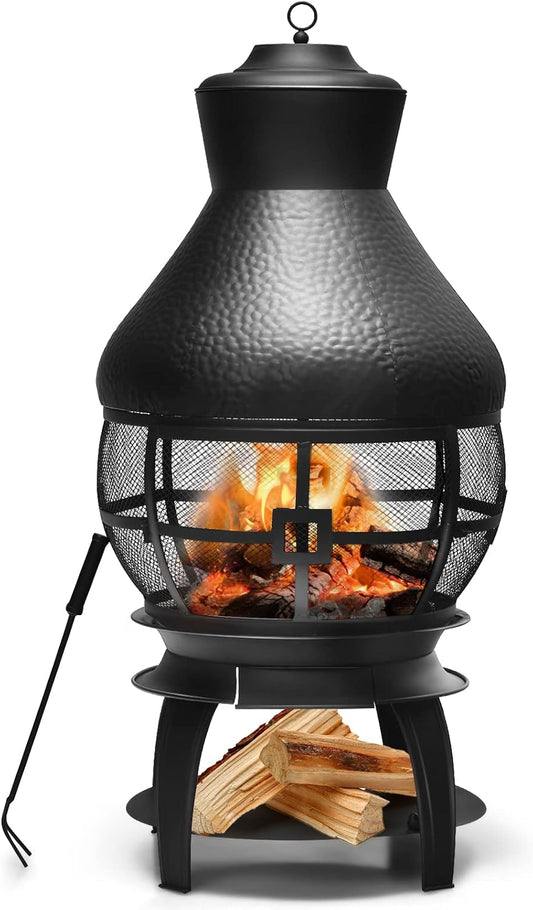 Giantex Wood Burning Chiminea, Heavy Duty Fireplace Chiminea Wooden Fire Pit with 2-Piece Log Grate, Premium Rain Cap & Fire Poker, 360°Fire Retardant Mesh Cover, Ideal for Garden, Patio, Backyard