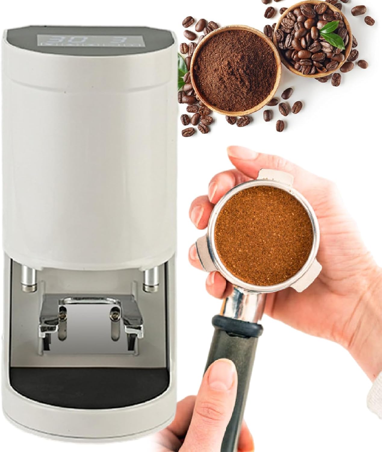 XEEAOFE 58mm Coffee Tamper, Automatic Electric Bean Powder Press Machine for Expresso, 5-30KG Pressure, 1 to 3 Adjustable Tamp Times White