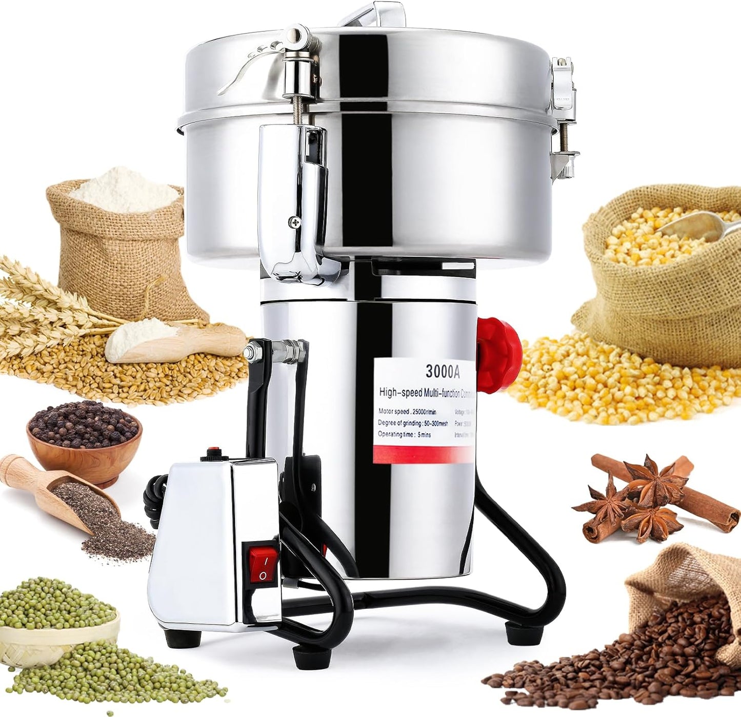 BI-DTOOL Electric Grain Mill Grinder 3000g Stainless Steel Pulverizer 36000r\/min High-speed Grain Mill 4000W Dry Material Grinding Machine 270° swingable Superfine powder for Home and Commercial