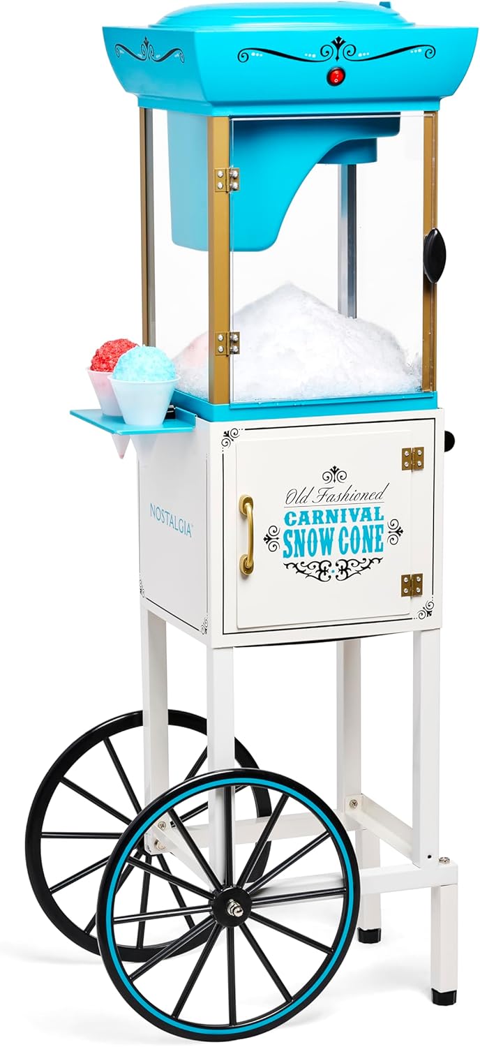 Nostalgia Snow Cone Shaved Ice Machine - Retro Cart Slushie Machine Makes 48 Icy Treats - Includes Metal Scoop, Storage Compartment, Wheels for Easy Mobility - White, Blue