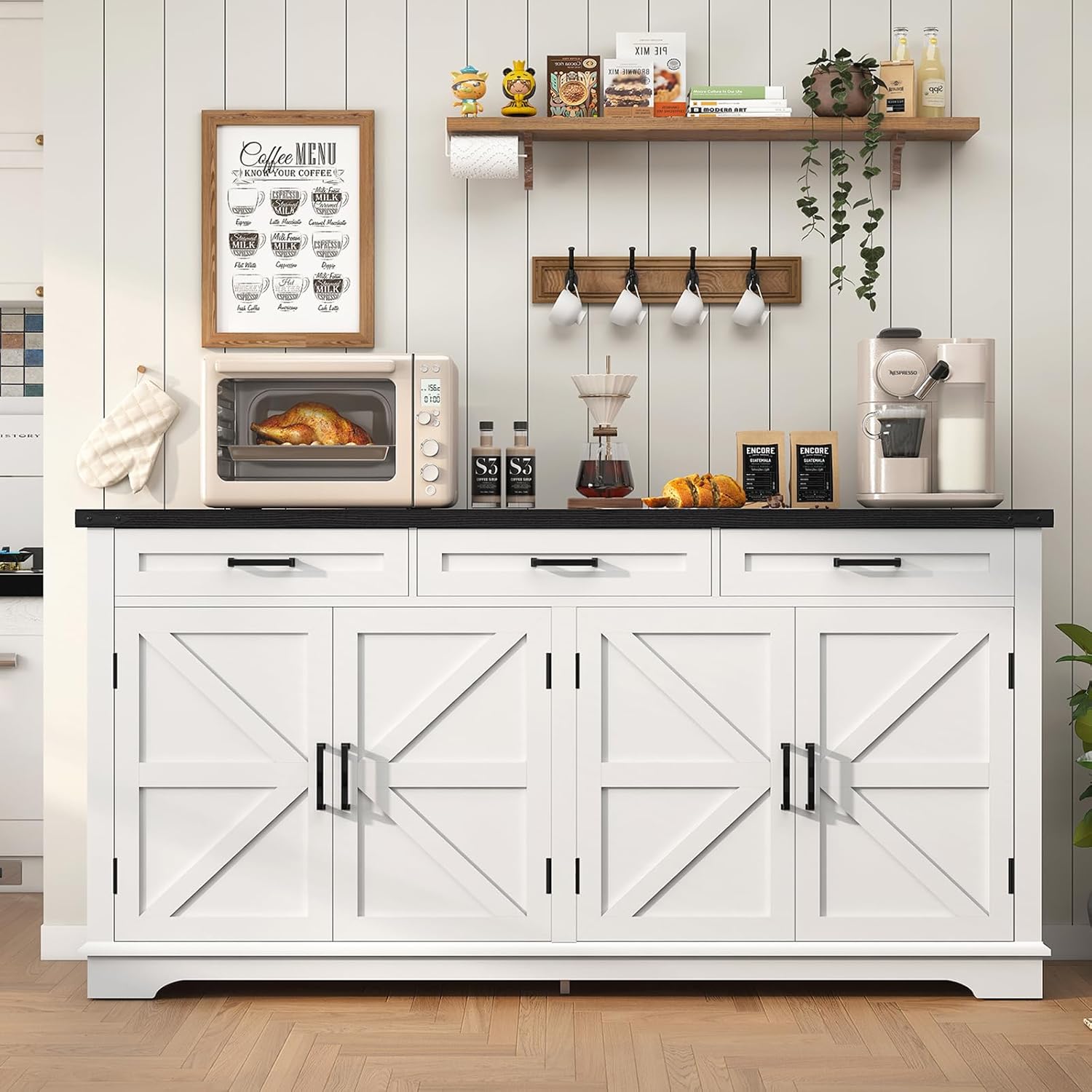 usikey 63\u201D Large Buffet Cabinet with 4 Doors and 3 Drawers, Farmhouse Buffet Sideboard Cabinet with Storage, Coffee Storage Cabinets for Living Room, White