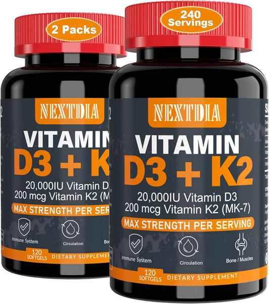 Nextdia Vitamin D3 20,000 IU + K2(MK7) 200mcg-Optimal Vitamin D3 & K2-Support Strong Bones & Muscle, Calcium Absorption & Immune Health, Helping Vitamin D Deficiencies, Easy to Swallow, (Pack of 2)