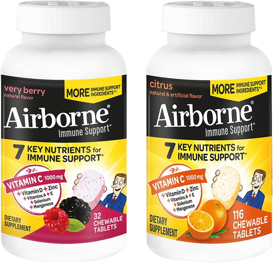 Airborne 1000mg Vitamin C + Zinc Immune Support Supplement Chewable Tablets, Very Berry & Citrus Flavor with Powerful Antioxidants Vitamins A C & E, 116 Chewable Tablets