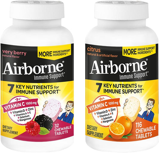 Airborne 1000mg Vitamin C + Zinc Immune Support Supplement Chewable Tablets, Very Berry & Citrus Flavor with Powerful Antioxidants Vitamins A C & E, 116 Chewable Tablets