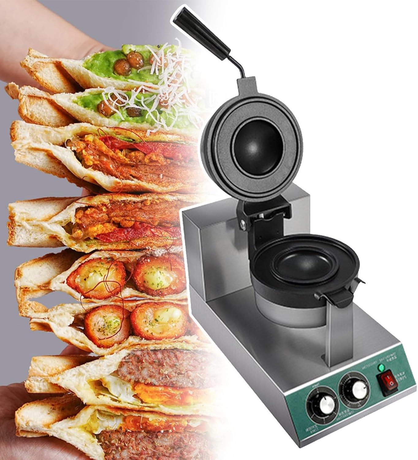 TYYMLY Commercial Ice Cream Sandwich Press Machine | Hamburger Waffle Maker | Non Stick Electric Burger Maker Machine | Double Sided Heating | Temperature Control | 5min Timer | 180°rotatable(Single)