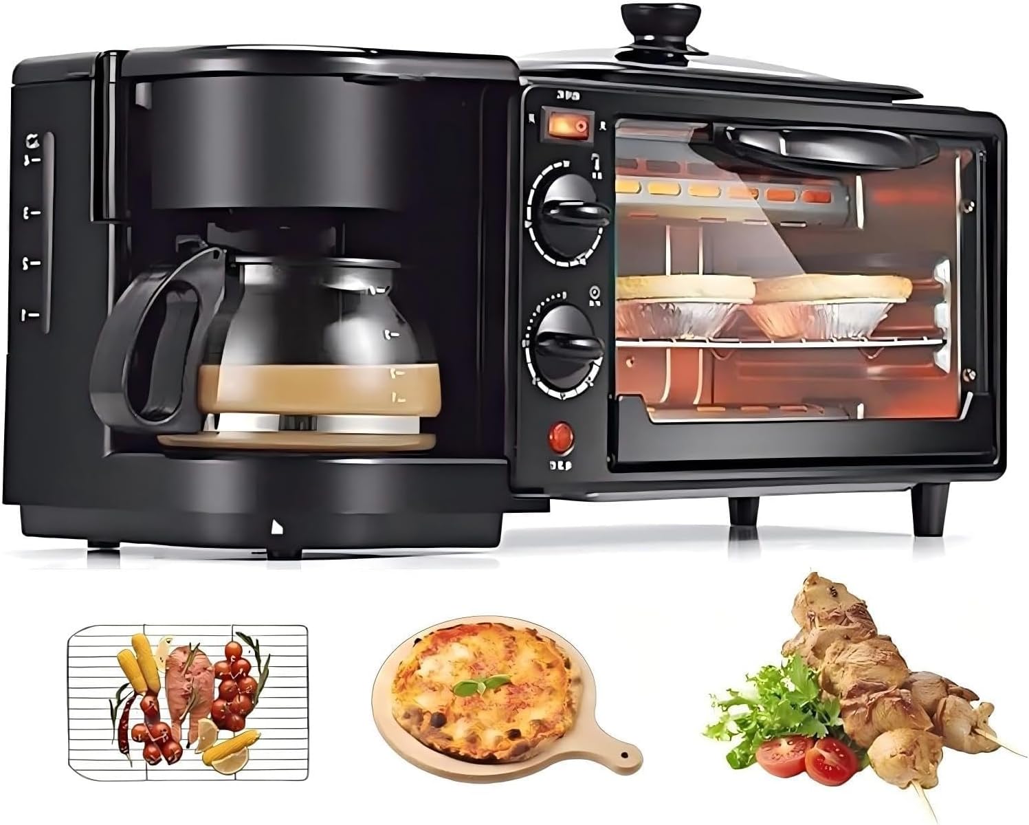 Kitchen Three in One Breakfast Machine, Electric Breakfast Machine with 1.2L Cooking Pot, 9L Large Capacity Baking Area And Coffee Machine, 100-230 ° C Temperature Control
