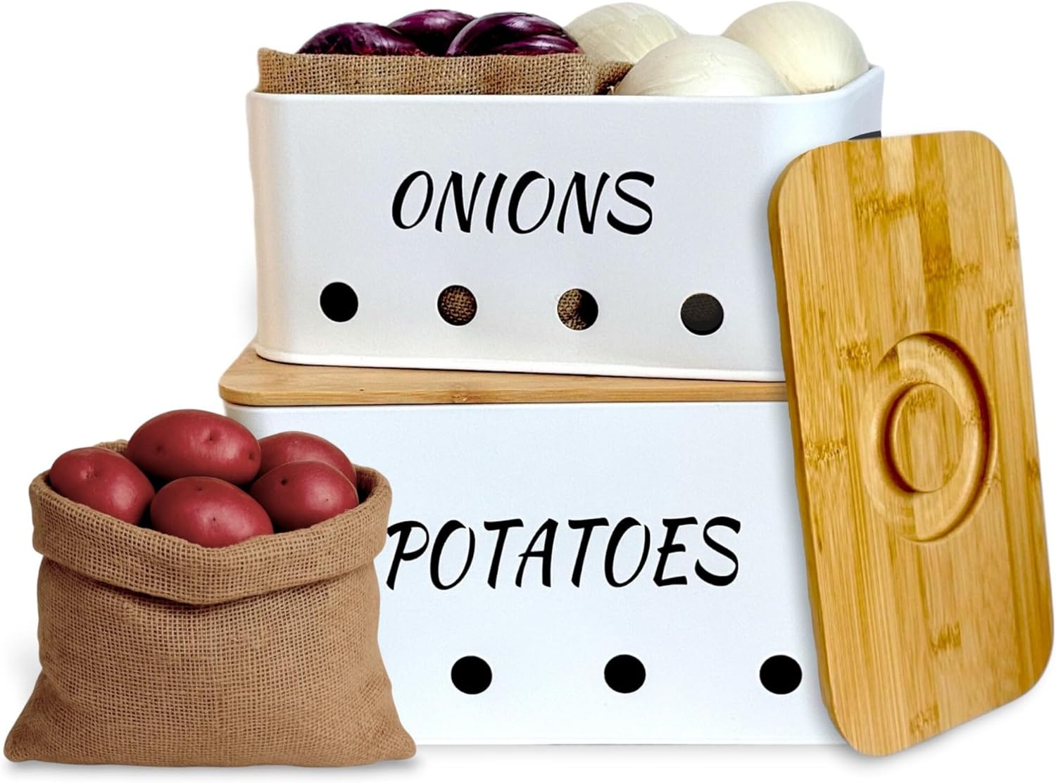 Potato and Onion Storage Bin with Dual Jute Bags – Stackable Metal Food Containers with lids for Fresh Produce, Perfect for Kitchen Counter and Stylish Pantry Organizer (Set of 2)