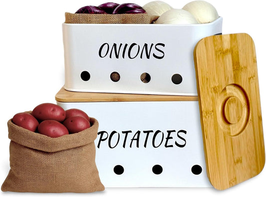 Potato and Onion Storage Bin with Dual Jute Bags – Stackable Metal Food Containers with lids for Fresh Produce, Perfect for Kitchen Counter and Stylish Pantry Organizer (Set of 2)