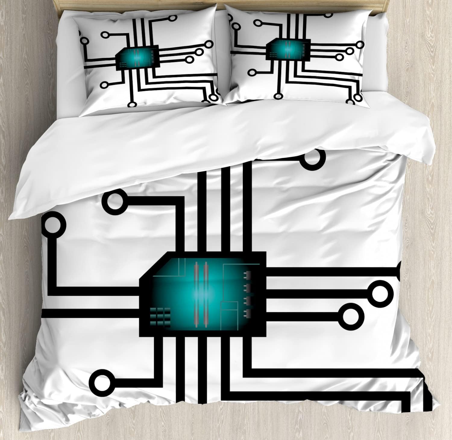 Lunarable Engineer Duvet Cover Sets, Drawing of Futuristic Chip with Circles and Connection Appliances, Bedding Set with 2 Duvet Covers 4 Pillowcases, 2 Pack Cal King Size, Dark Seafoam and Black