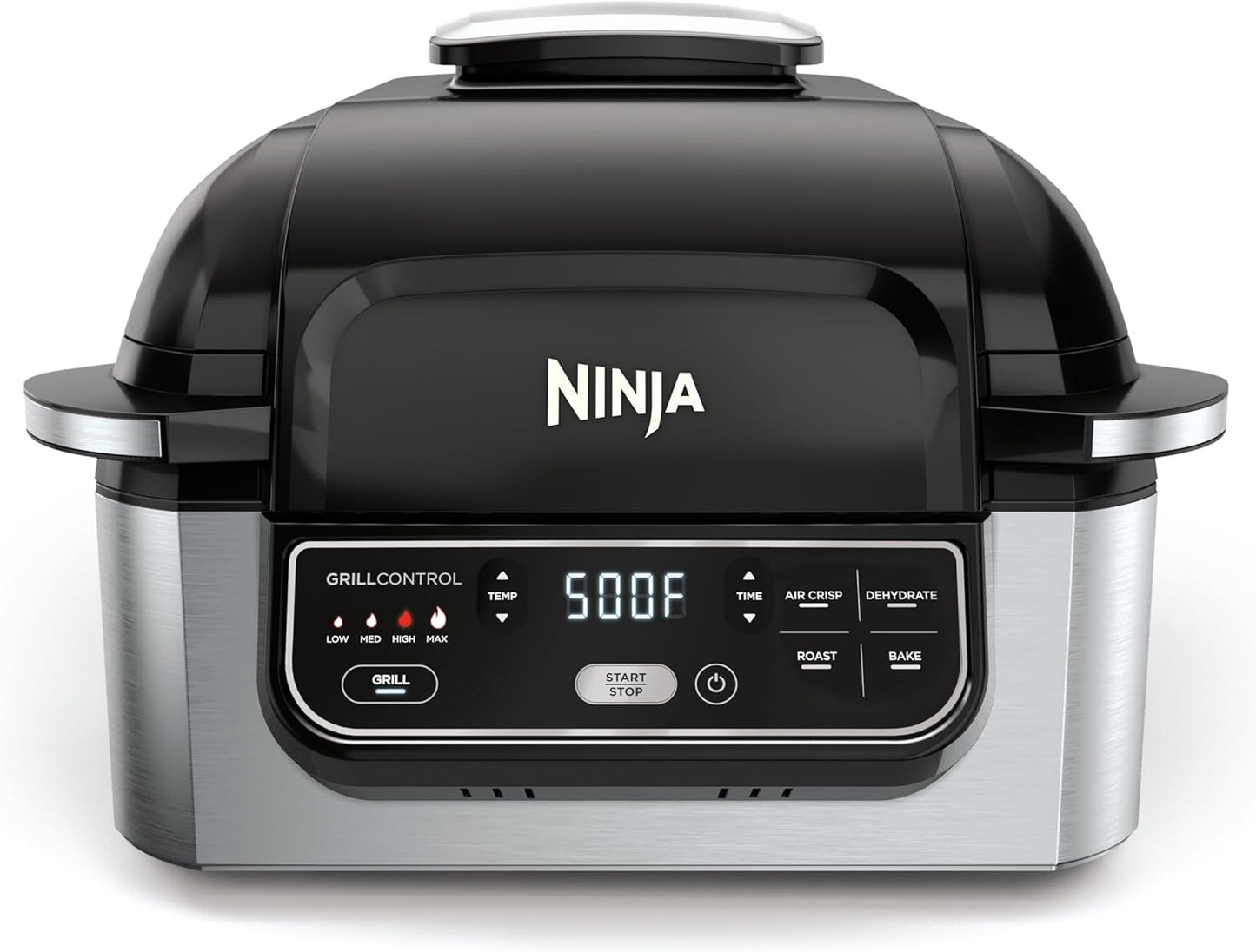 Ninja Foodi 4-in-1 Indoor Grill & Air Fryer with 500°F Cyclonic Grilling Technology, 4-Qt Capacity, Black/Stainless, Smoke Control System, Roast-Bake-Air Crisp Function, Dishwasher Safe Parts