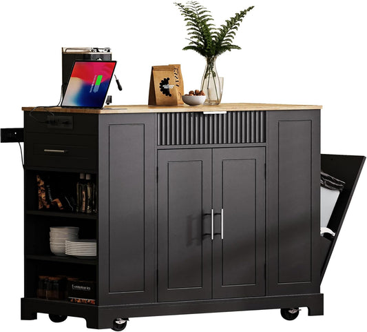 LUMISOL Kitchen Cart on Wheels with Trash Can Storage Cabinet, for 10 Gallon Garbage Bin, Rolling Kitchen Island with Internal Storage Rack, Power Outlet, 3 Drawers and Open Side Racks, Black