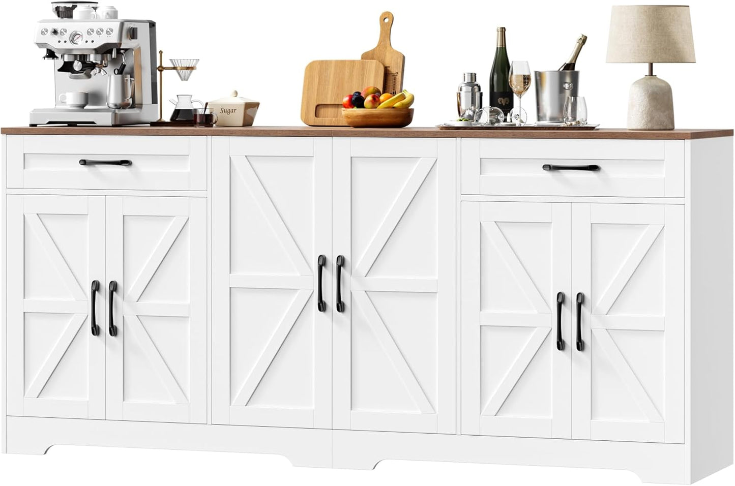 BOTLOG 71\u201D Large Sideboard Buffet Cabinet with Storage, Farmhouse Kitchen Buffet Cabinet with Adjustable Shelves and 6 Barn Doors, Wood Coffee Wine Bar Console Table for Kitchen, Dining Room, White