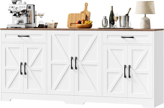 BOTLOG 71\u201D Large Sideboard Buffet Cabinet with Storage, Farmhouse Kitchen Buffet Cabinet with Adjustable Shelves and 6 Barn Doors, Wood Coffee Wine Bar Console Table for Kitchen, Dining Room, White