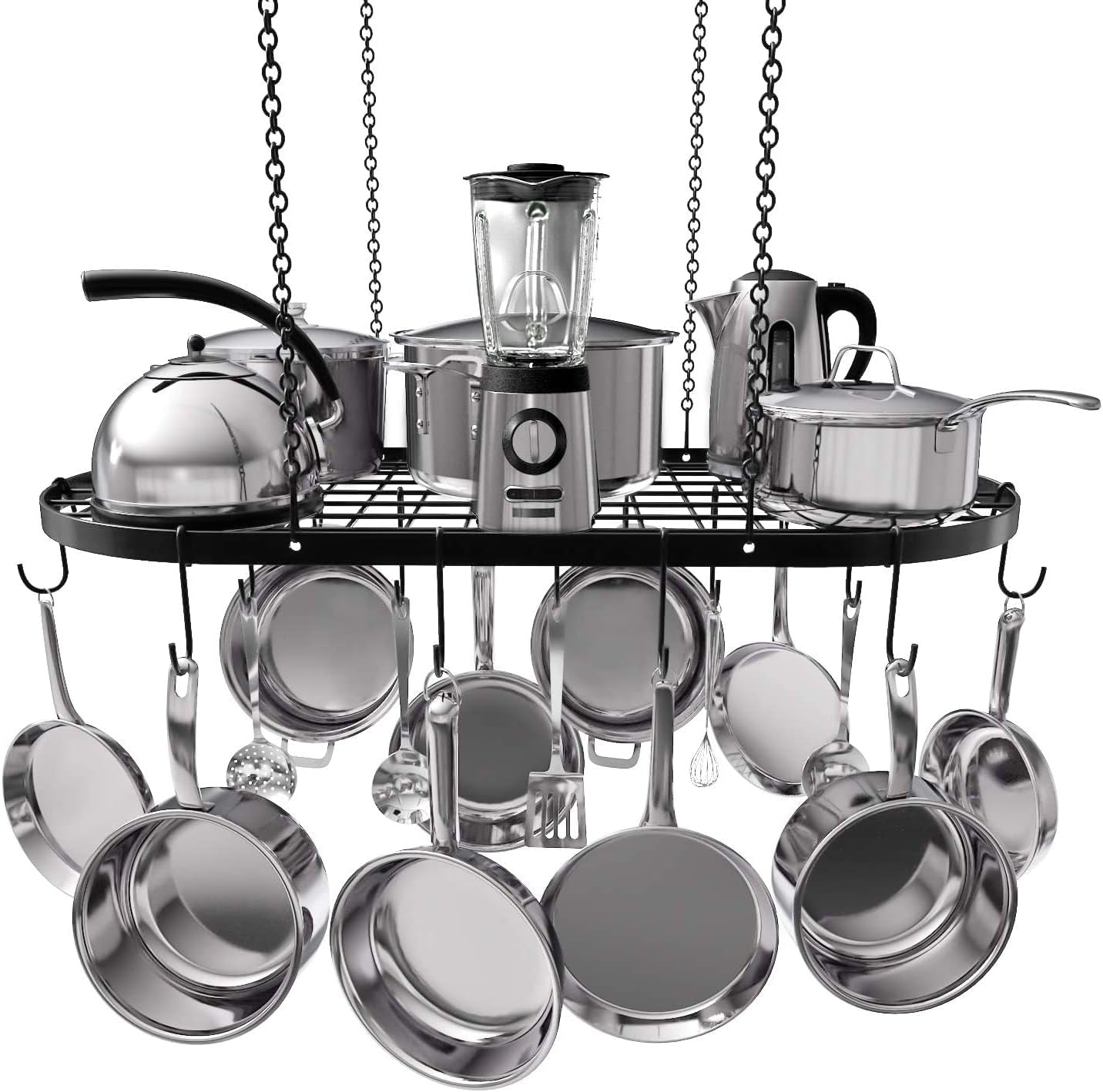 Vdomus Heavy-Duty Hanging Pot Rack - 33x17 Inches - Stylish Black Alloy Steel Ceiling Storage with 15 Hooks - Organize Kitchen Cookware and Utensils - Space-Saving Mounted Overhead Holder