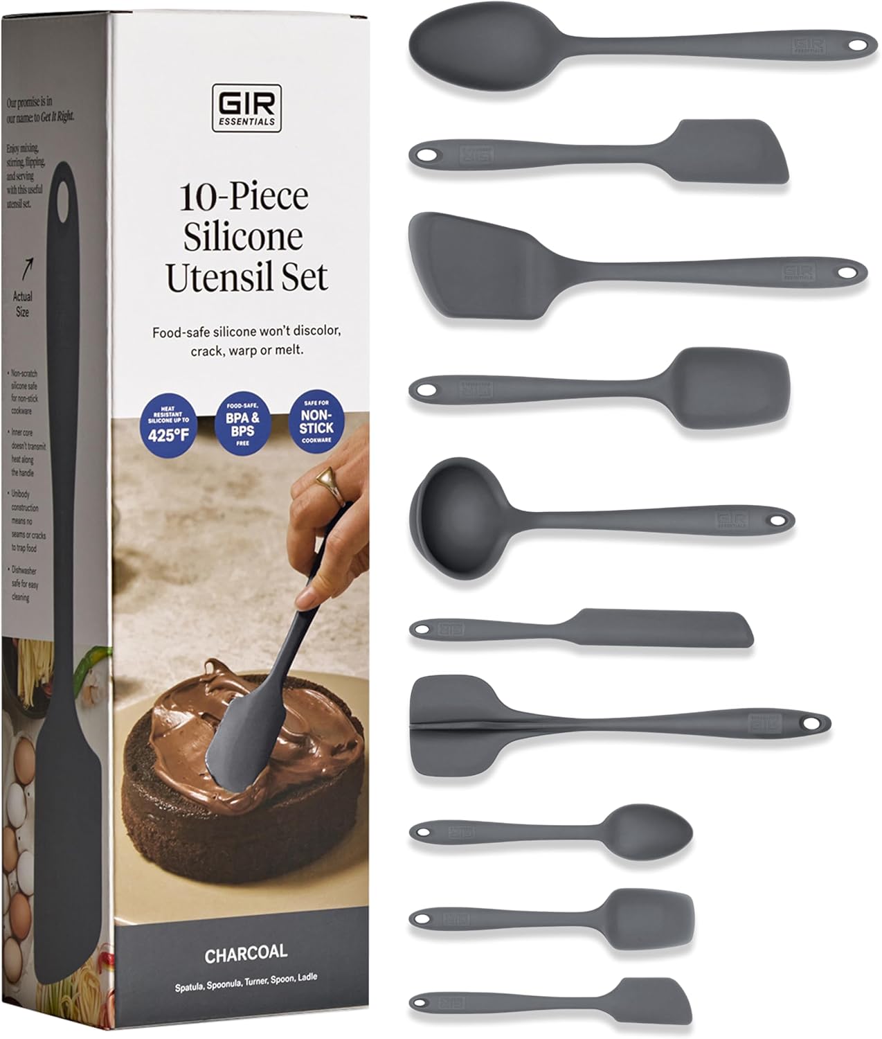 GIR: Get It Right 10 Piece Silicone Essentials Kitchen utensils set - Ladle, Spatula, Flip, Spoon & Spoonula - Non toxic cooking utensils for Nonstick Cookware, Cooking and Baking - Charcoal