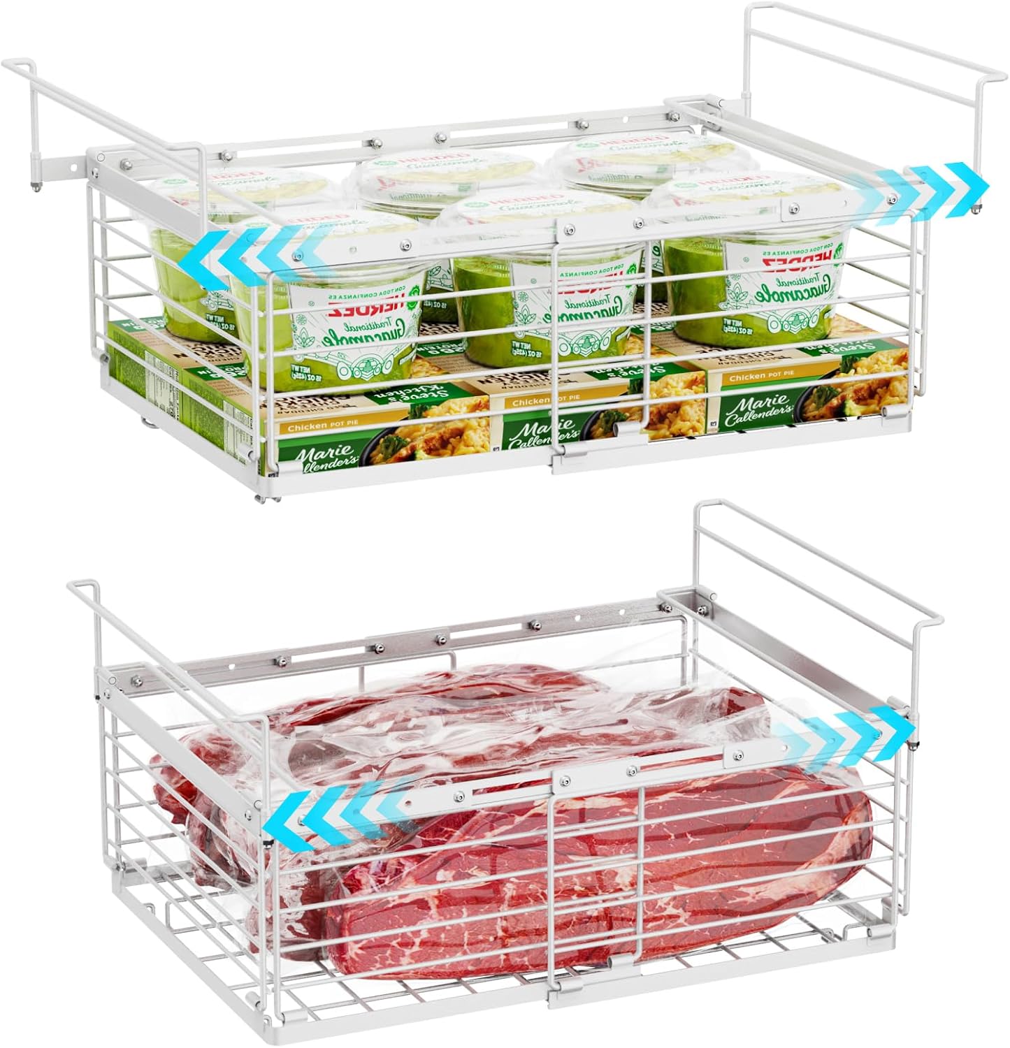iSPECLE Chest Freezer Organizer - 2 Pack Hanging Freezer Organizer Bins with Expandable Handle for 10 to 20 Cu.Ft, Sort and Easy Slide to Get Bottom Frozen Food, Sturdy Baskets, White