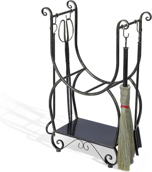 Metal Firewood Rack Set with 4 Fireplace Tools Fireside Wood Storage Organizer No Need To Install Adjustable Stacker Stand for Camping