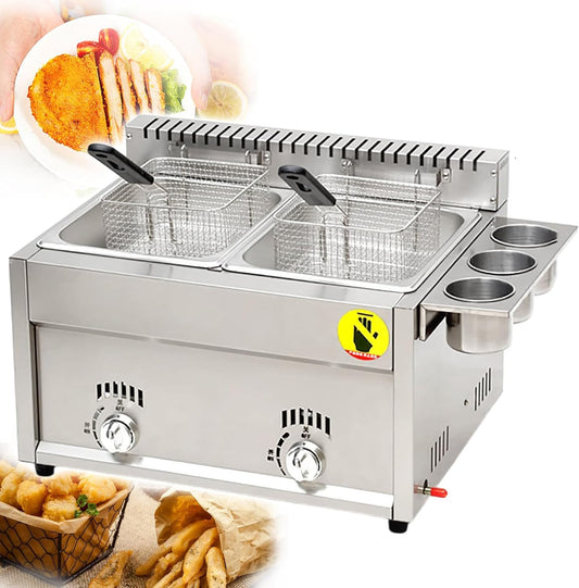 Commercial Gas Deep Fryer,8L x 2 Countertop Stainless Steel Dual Tank Kitchen Frying Machine,with 2 Baskets & Lids,for Cooking Fries, Onion Rings, Egg Rolls, Fried Chicken