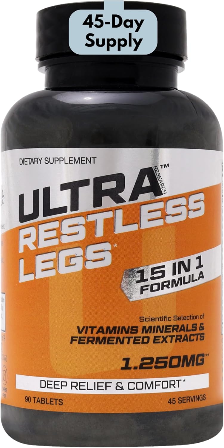 Ultra Research Restless Legs for Restless Legs Relief, 15 in 1 Formula, Valerian & Herbal Complex for Calm Support & Leg Comfort, 90 Tablets, 45 Days Supply