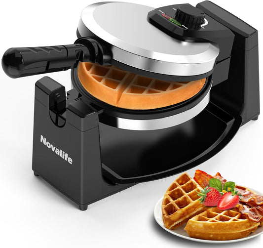 Waffle Maker, Rotating Belgian Waffle Maker, 180° Flip Waffle Iron, Non-Stick Plate, Adjustable Browning Control, Foldable Cool Touch Handle, Removable Drip Tray, Space Saving Storage, Stainless Steel