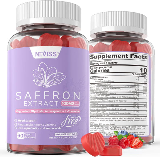 NEVISS Sugar Free Saffron Gummies - Saffron Supplement Gummies 100% Pure Saffron Extract Whole Herb with Honey for Mood & Power, Vitamin B6, B12, D3, C - Organic, Vegan, Mixed Berry Flavor - 120Cts