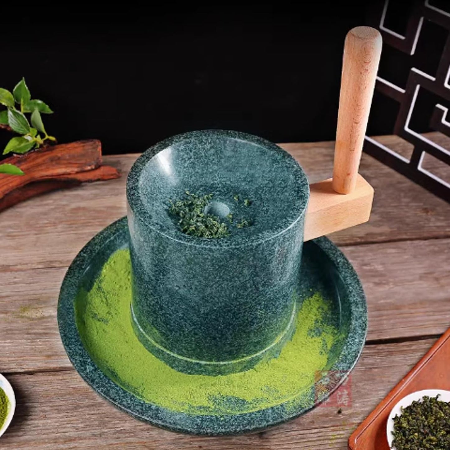 XKEDNMF Vintage Small Stone Mill,Small Matcha Tea Powder Grinder with Wooden Frame,for Grinding Wet and Dry Grains(Small)