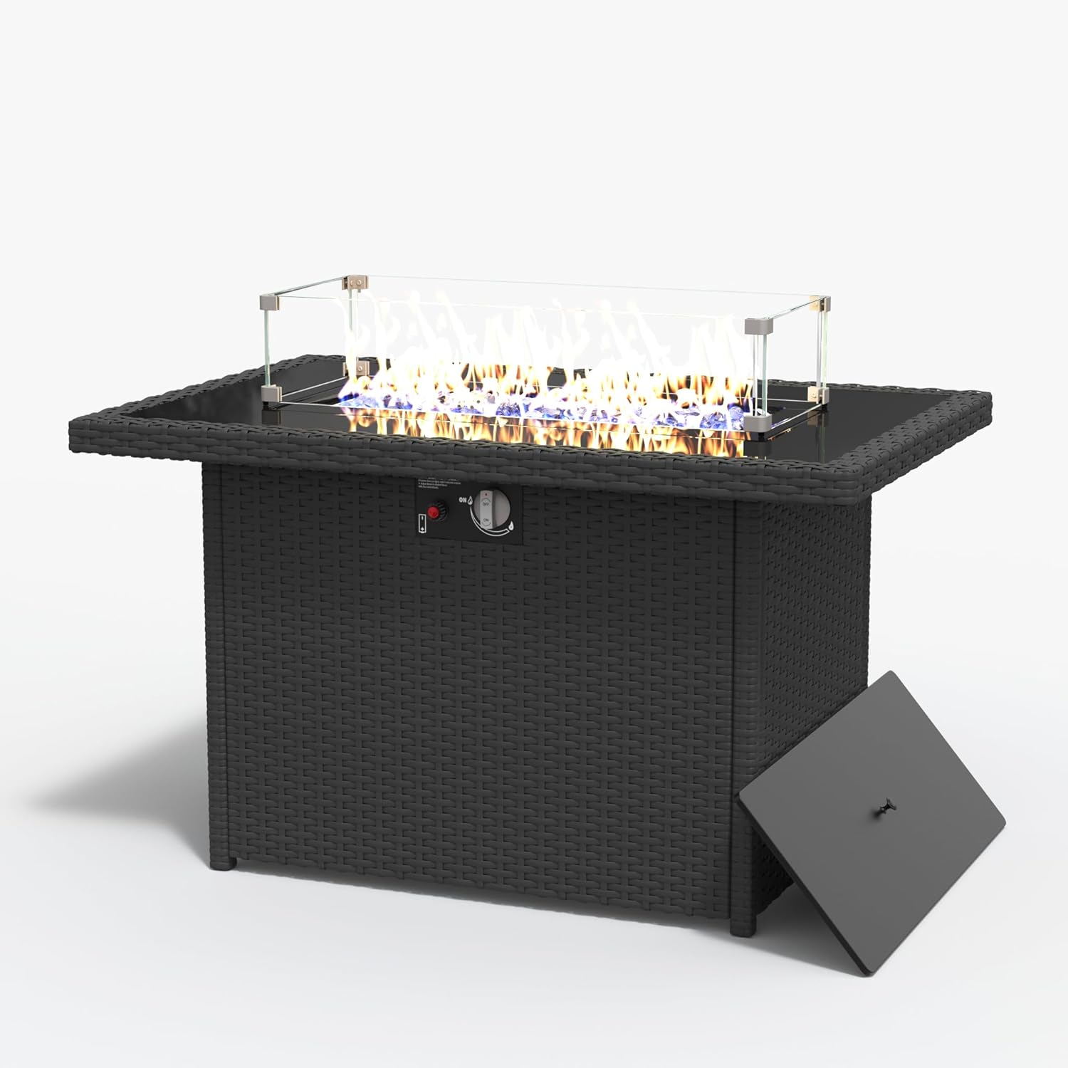 Aeeiua Rectangular Fire Pit Table, 44 inch Propane Gas Fire Pit with Glass Rocks, Wind Guard Glass Shield, Waterproof Cover for Outside Patio Backyard Deck Balcony