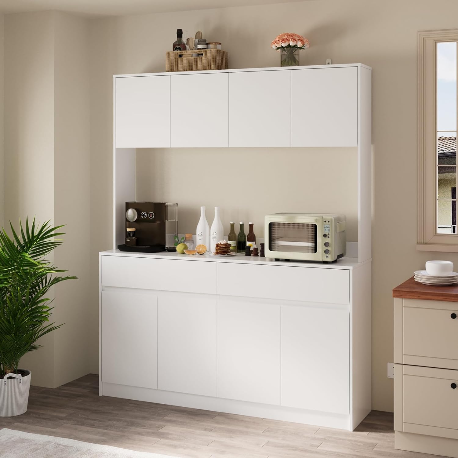 71" Kitchen Pantry Cabinet, Kitchen Hutch with Microwave Stand, Buffet Cabinet with Large Storage Drawers for Dining Room (White)