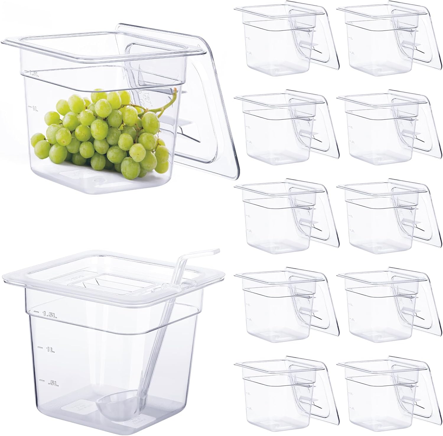 PYQTH 12 Pack Plastic Food Pan with Lids 1\/6 Size 6'' Deep Restaurant Food Containers Stackable Clear Polycarbonate Commercial Hotel Pans with 1 Plastic Spoon for Fruits Vegetables