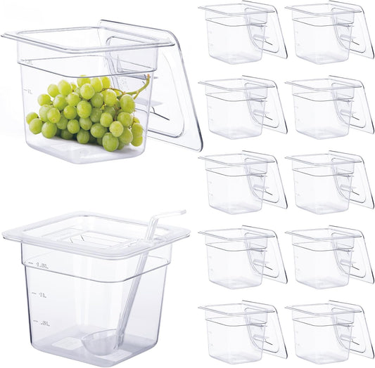 PYQTH 12 Pack Plastic Food Pan with Lids 1\/6 Size 6'' Deep Restaurant Food Containers Stackable Clear Polycarbonate Commercial Hotel Pans with 1 Plastic Spoon for Fruits Vegetables