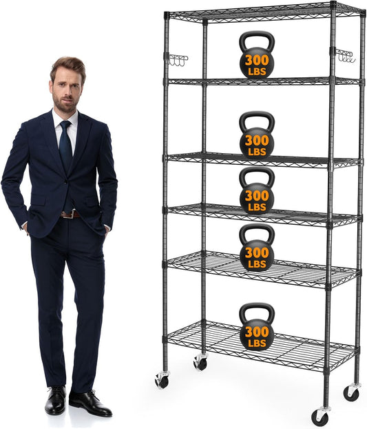 BolDuck 6 Tier Storage Shelves with Wheels, 2100lbs Capacity Heavy Duty Shelving Units, 14x36x75inch Adjustable Metal Shelf Wire Shelving Rack for Garage, Kitchen, Office, Black