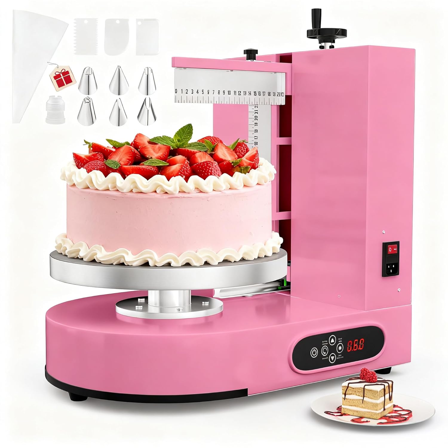 PYY Cake Decorating Machine - 4-12 Inch Automatic Cake Cream Spreading Machine for Cake Icing Machine 60-320 RPM with Graduated Scrapers Electric Cake Frosting Machine Pink