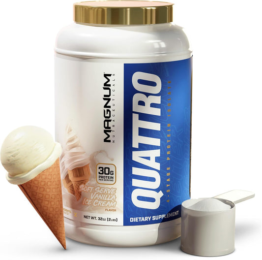 QUATTRO Magnum Nutraceuticals Whey Protein Powder, Vanilla Soft Serve Ice Cream 2lb – Premium Protein Isolate Blend for Muscle Growth & Recovery