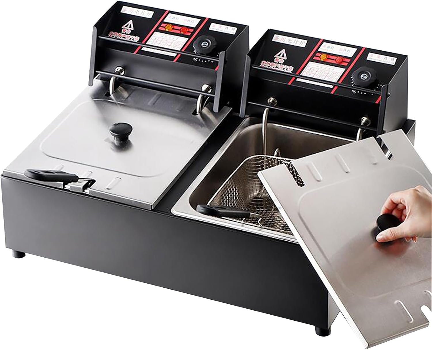 Commercial Electric Deep Fryer, Electric Countertop Fryer with 2 Basket and Lids for Home Kitchen and Restaurant, Thicken Stainless Steel Dual Tank Deep Fryer 10L+10L 2500W