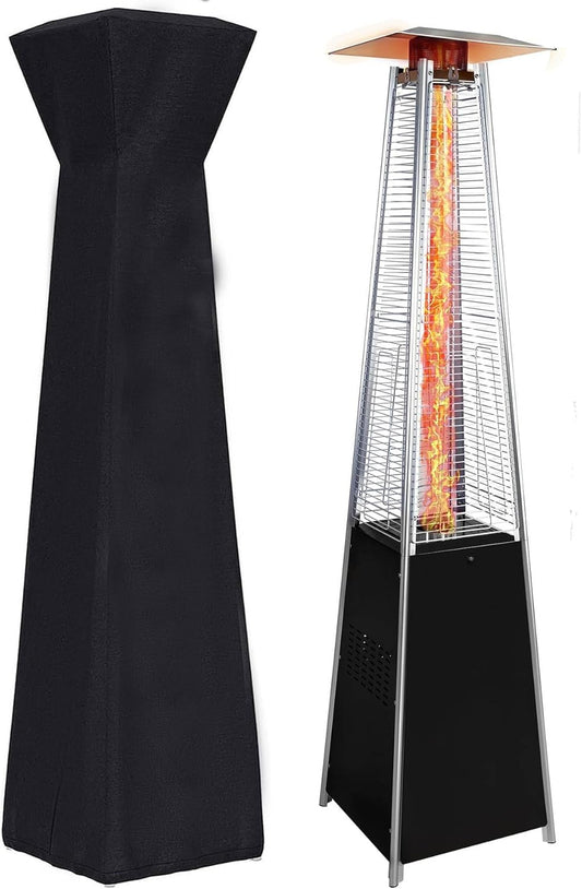 48,000 BTU Pyramid Patio Heater, Propane Outdoor Heater with Glass Tube Flame, Commercial & Residential Use, Detachable Wheels, Includes Protective Cover, Anti-Tilt Safety Shut Off, (Black)