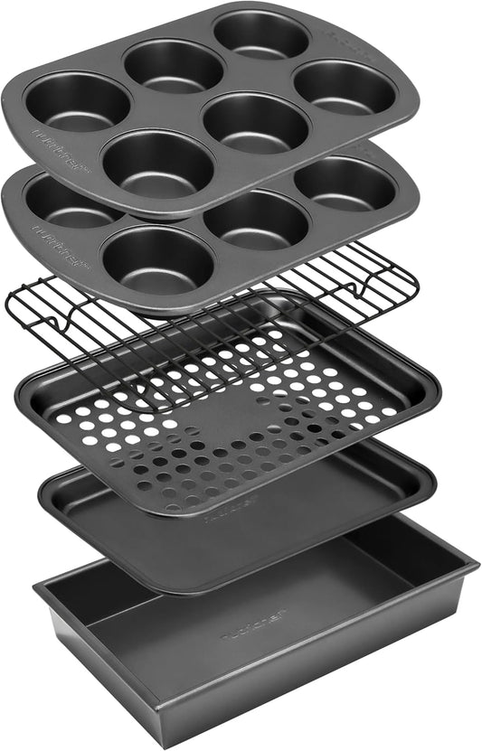 NutriChef 6-Piece Toaster Oven Bakeware Set, Compact Non-Stick Stackable Baking Pan Set with Muffin Pans, Roasting Tray & Baking Sheets, Durable Stain-Resistant Carbon Steel Design for Toaster Ovens