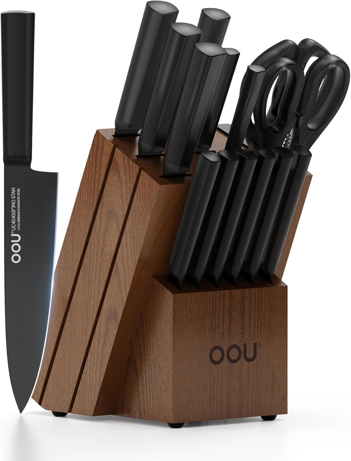 OOU Kitchen Knife Block Set - 15 Pieces High Carbon Stainless Steel Chef Knife Sets, Anti-Rust Black Knives Set with Built-in Sharpener Block, Walnut