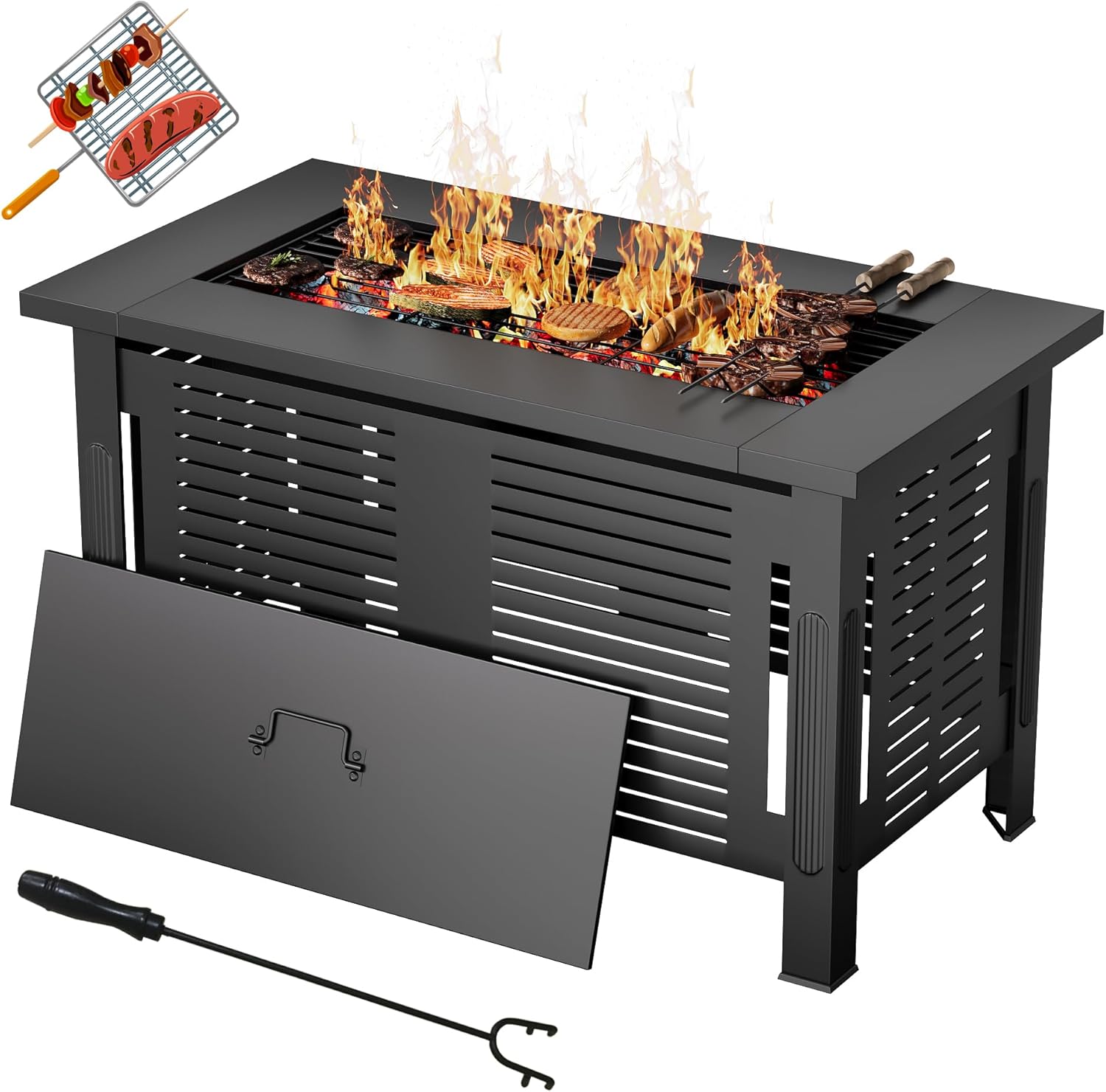 U-MAX Fire Pit Table, 43 Inch Wood Burning BBQ Grill Firepits, Metal Fireplaces with Waterproof Cover, 3 in 1 Fire Pits for Outside Party Barbecue Camping Picnic on Deck Backyard Garden, Black