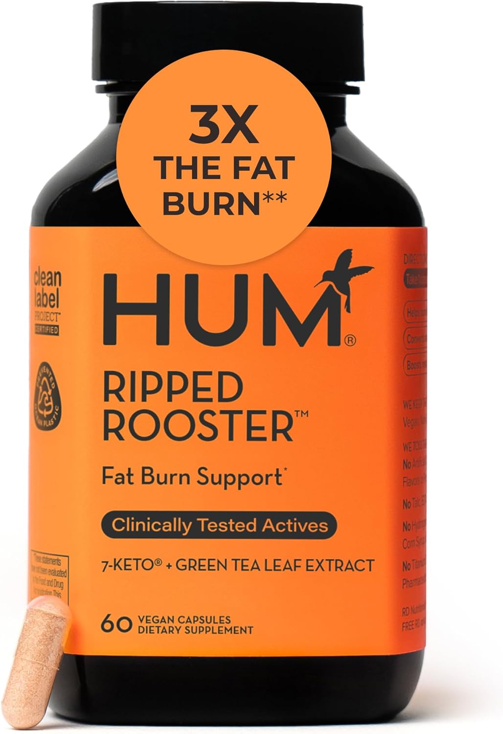 HUM Ripped Rooster Natural Green Tea Extract Capsules with Chromium, 7 Keto DHEA, Gluten Free Vegan Green Tea Supplement to Support Cravings, Healthy Diet & Management, 60 Count