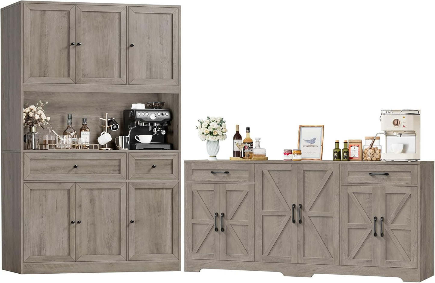 BOTLOG 2PCS Kitchen Cabinets, 71\u201D Large Sideboard Buffet Cabinet with Storage, 72" Tall Pantry Cabinet with Microwave Stand, Wood Coffee Wine Bar Console Table for Kitchen, Dining Room (Ash Gray)