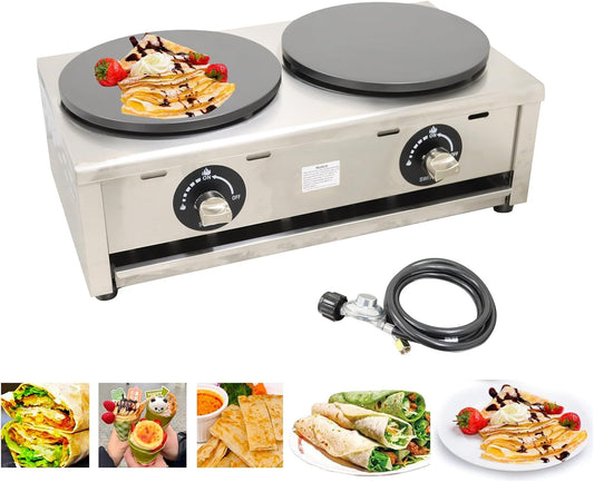 2800Pa LPG Crepe Maker Commercial Non-stick Crepe Machine 15.7inches Double Hotplae Countertop Pancake Griddle with Low-pressure Valve for preparing Bblintzes Eggs Tortillas