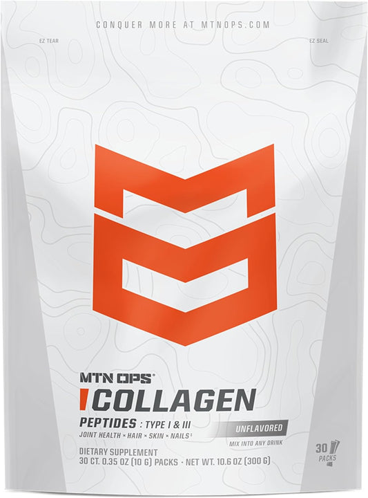 MTN OPS Collagen Protein Powder On-The-Go Packs, 30 Packs per Bag of Unflavored, Highly Digestible Protein with 9g of Protein per Serving