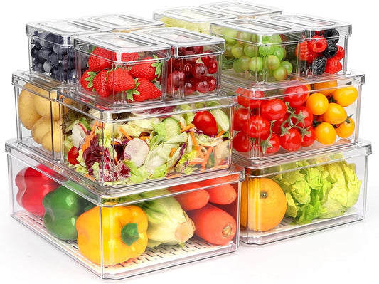 14 Pack Fridge Organizer, Stackable Refrigerator Organizer Bins with Lids PBA-Free, Clear Fridge Organizers and Storage for Kitchen, Countertops, Cabinets, Fridge, Drinks, Fruits, Vegetable, Cereals