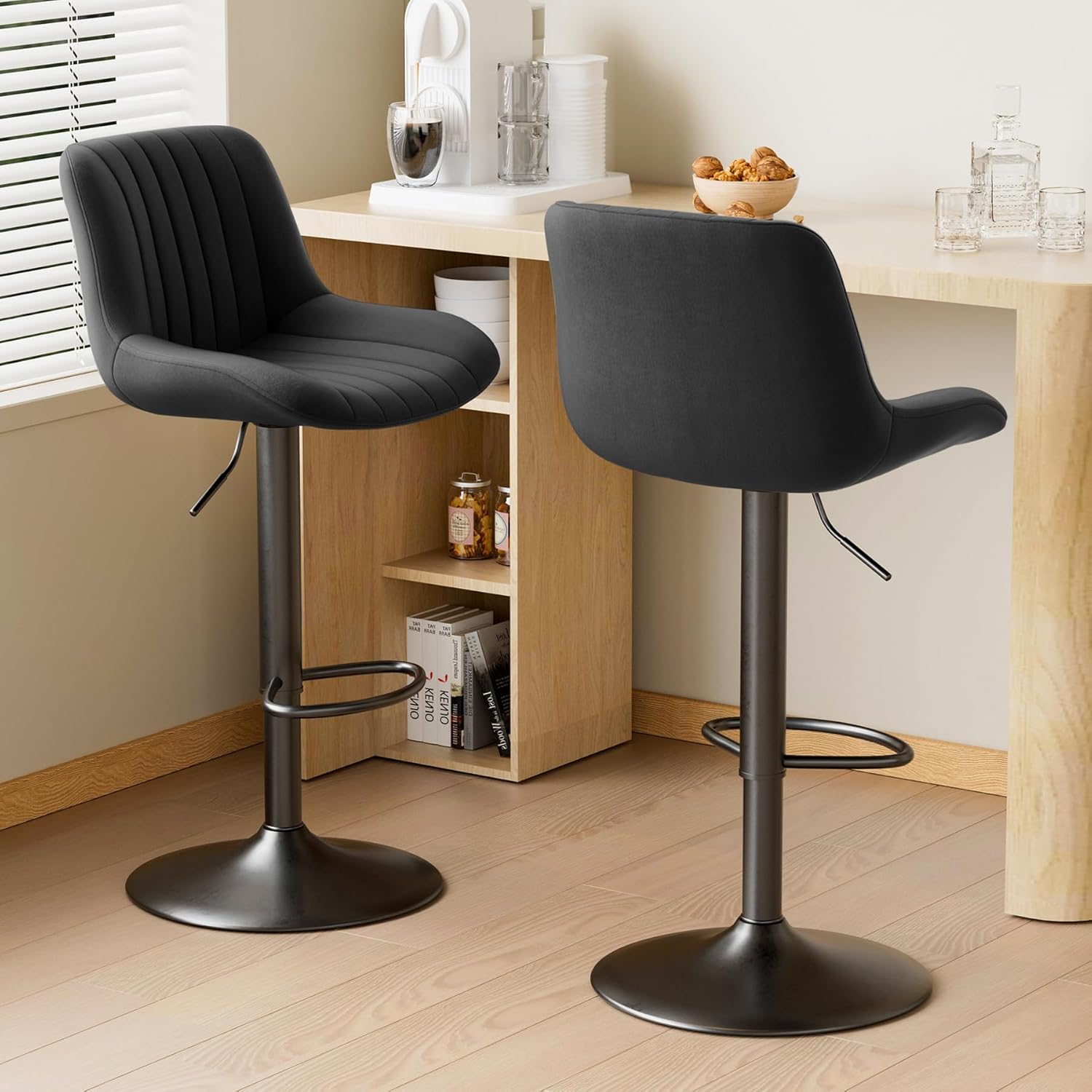 Nalupatio Bar Stools Set of 2, Adjustable Modern Swivel Bar Stools with Backs, Counter Height Performance Fabric Island Chairs for Home Kitchen, Black