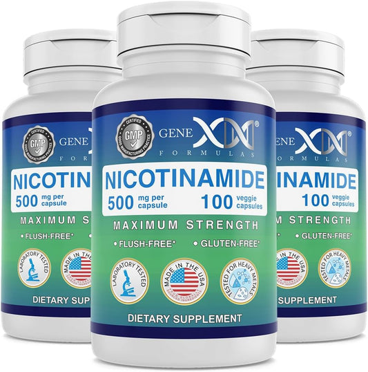 Genex Formulas Nicotinamide 500mg (3-Pack) Vitamin B3 Flush Free Niacin Capsules for Healthy Skin - Niacinamide Supplement Pills help Produce Keratin & Support Skin Cell Health & Energy (300 Capsules)