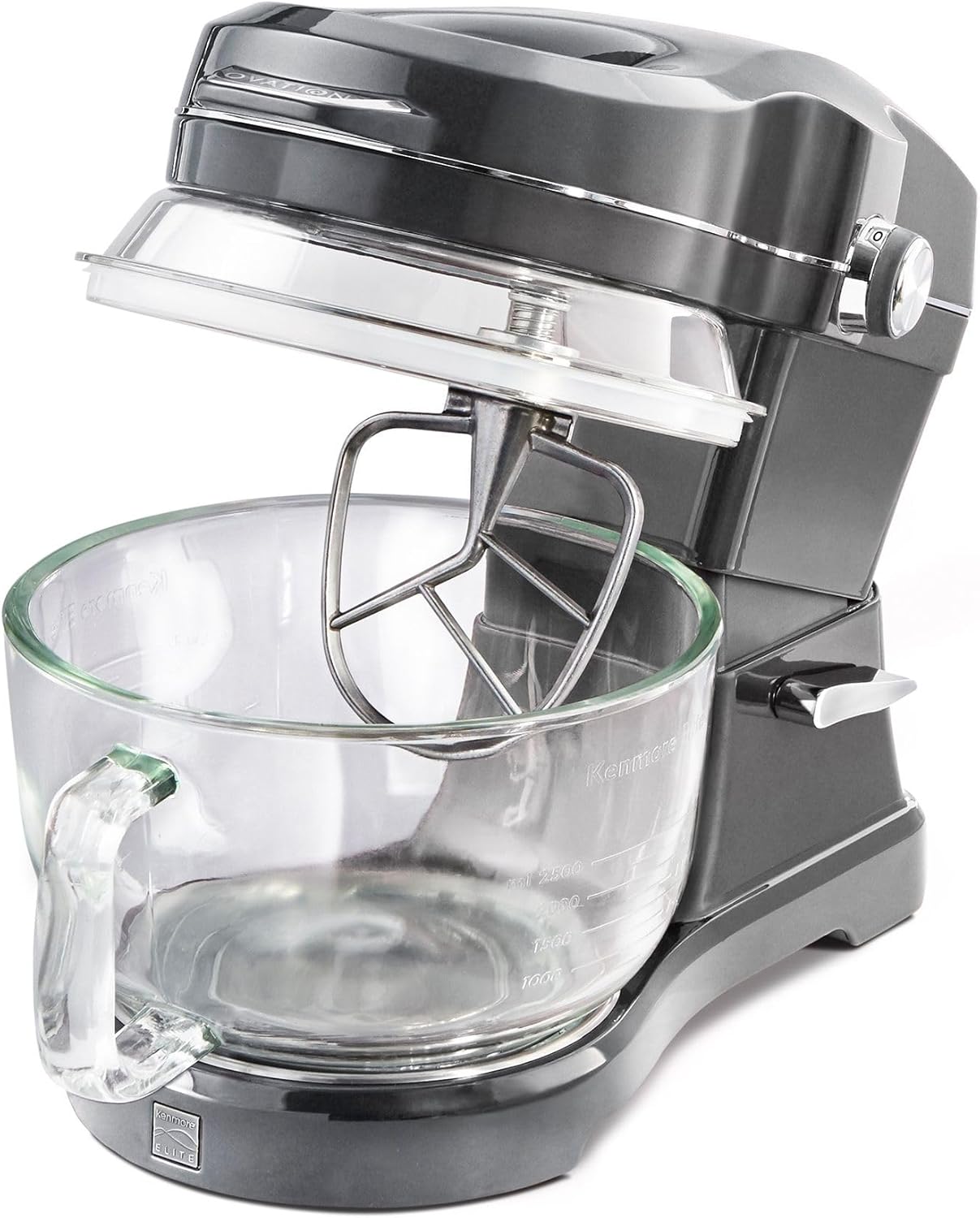 Kenmore 500W Oviation Stand Mixer - 10 Speed Mixing, Tilt-Head, Handheld Glass Bowl With Pouring Top Splash Guard, Flat Beater, Whisk, Dough Hook Attachments Countertop Kitchen Appliance, 5QT Grey